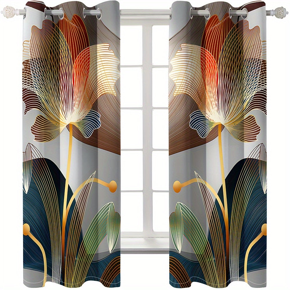 2pcs, Abstract Floral Golden Line Modern Floral Digital Printed Curtain Living Room Curtains, Grommet Top Curtains For Living Room Furniture Decoration Home Decor